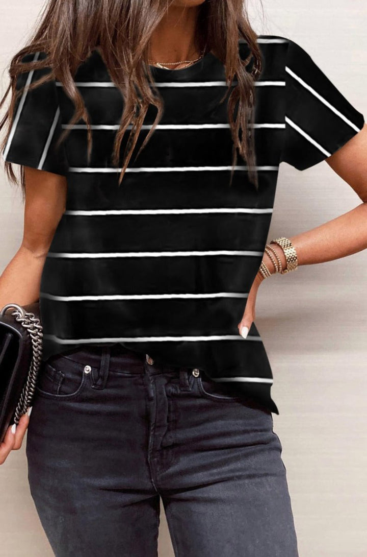 Meghan Round Neck Striped Print T-shirt - Rebel Nomad