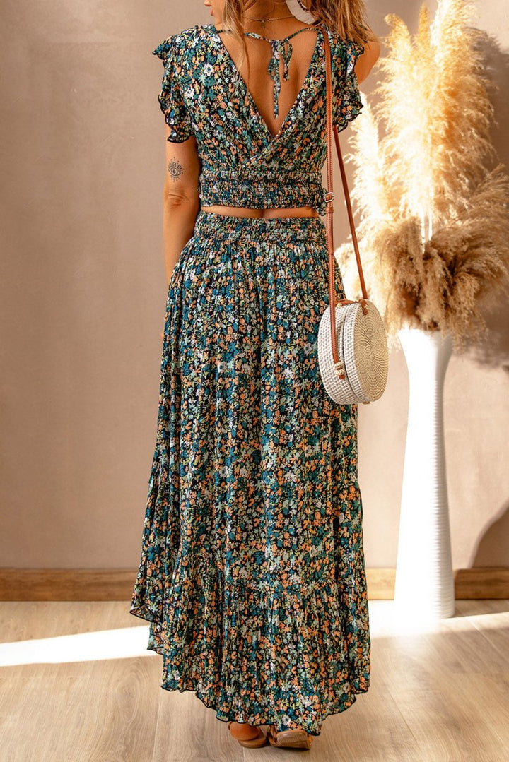 Miah Floral Ruffled Crop Top and Maxi Skirt Set - Rebel Nomad