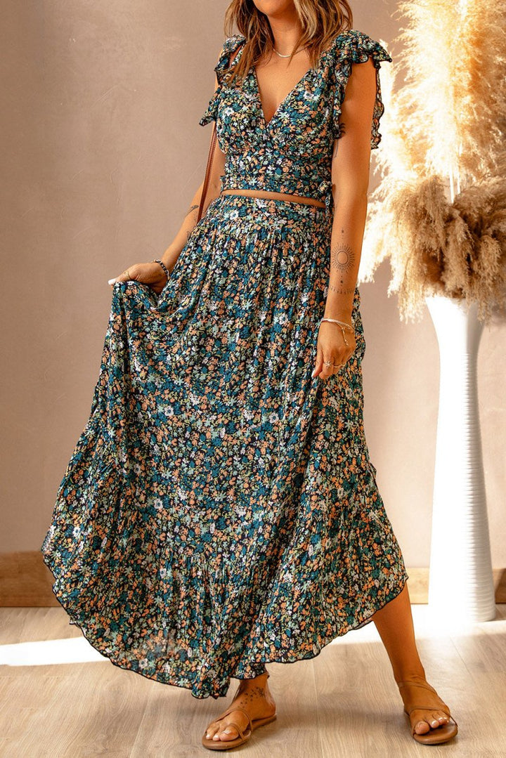 Miah Floral Ruffled Crop Top and Maxi Skirt Set - Rebel Nomad