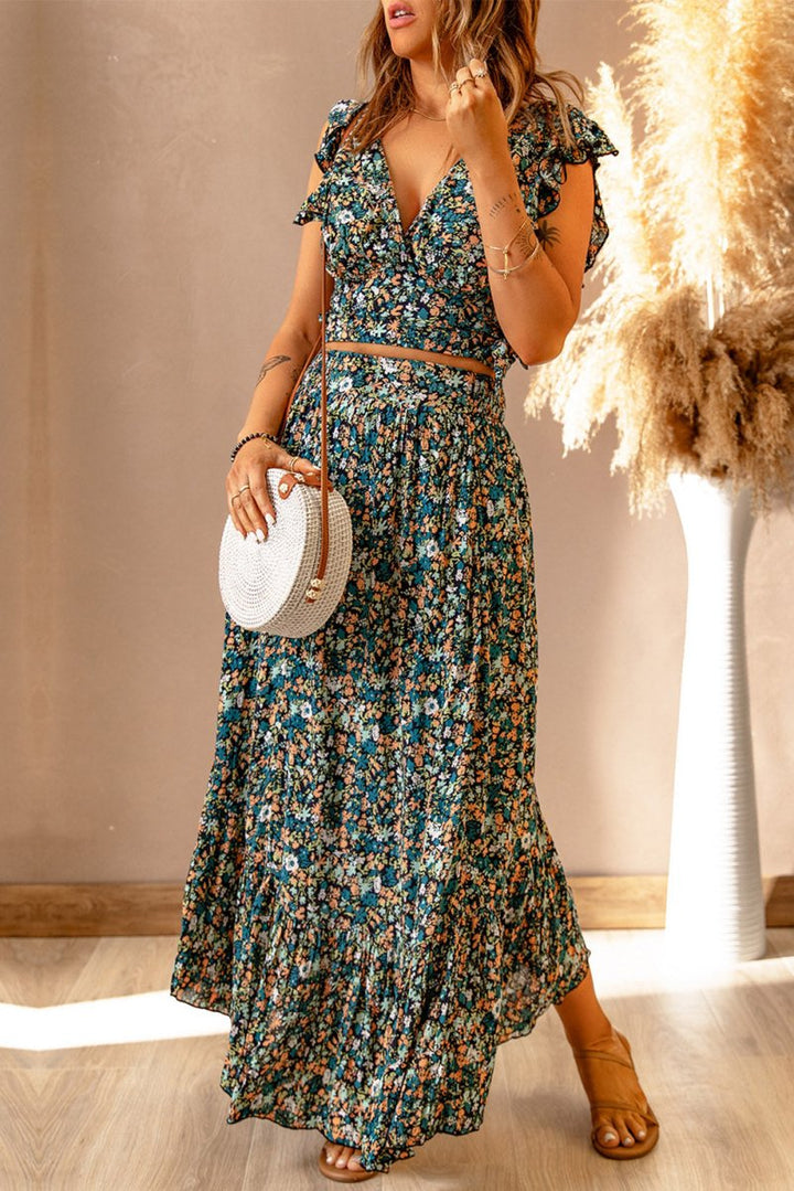 Miah Floral Ruffled Crop Top and Maxi Skirt Set - Rebel Nomad