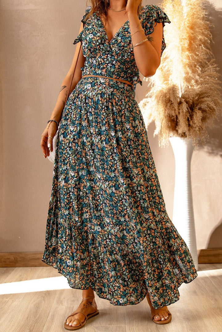 Miah Floral Ruffled Crop Top and Maxi Skirt Set - Rebel Nomad