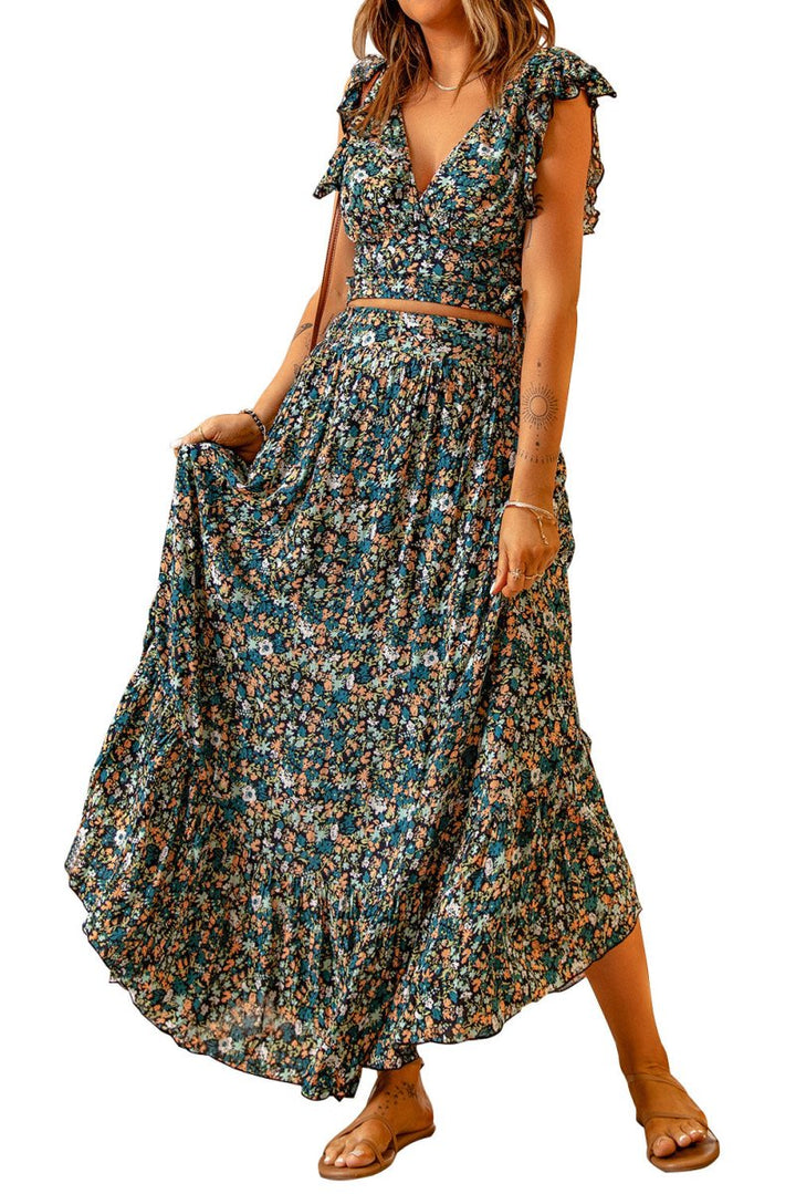 Miah Floral Ruffled Crop Top and Maxi Skirt Set - Rebel Nomad