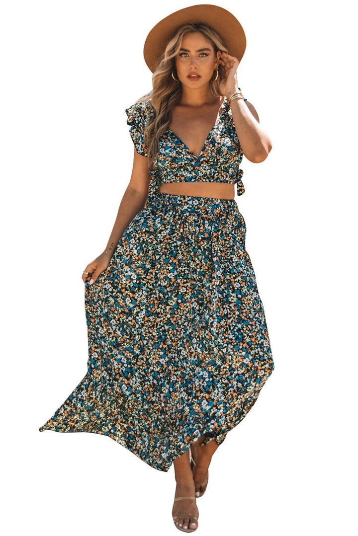 Miah Floral Ruffled Crop Top and Maxi Skirt Set - Rebel Nomad