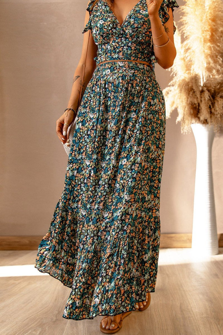 Miah Floral Ruffled Crop Top and Maxi Skirt Set - Rebel Nomad