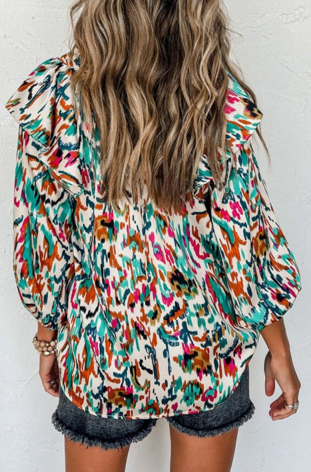 Ming Abstract Print 3/4 Puff Sleeve Ruffle Blouse - Rebel Nomad