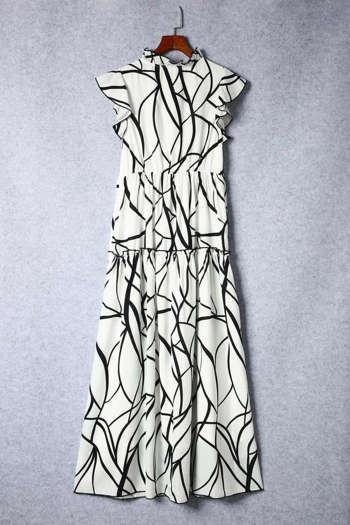 Minnie Abstract Vein Print V Neck Ruffle Maxi Dress - Rebel Nomad