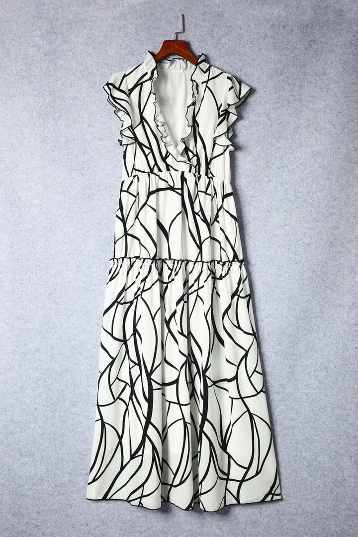 Minnie Abstract Vein Print V Neck Ruffle Maxi Dress - Rebel Nomad