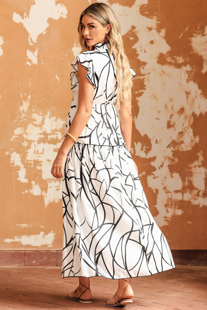 Minnie Abstract Vein Print V Neck Ruffle Maxi Dress - Rebel Nomad