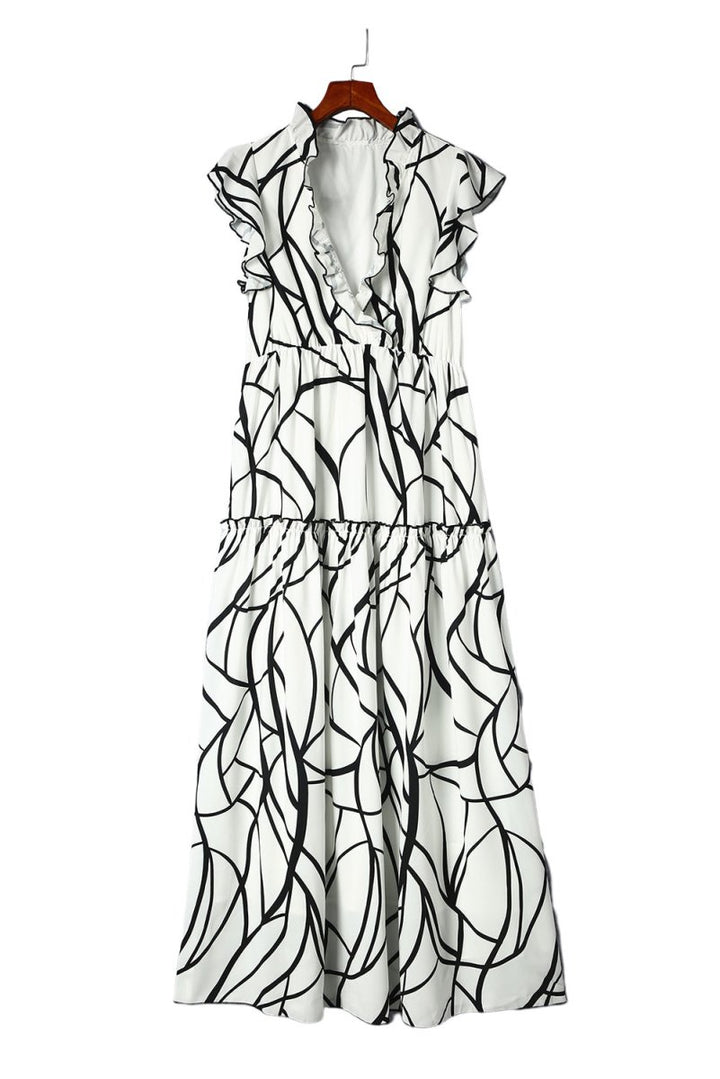 Minnie Abstract Vein Print V Neck Ruffle Maxi Dress - Rebel Nomad