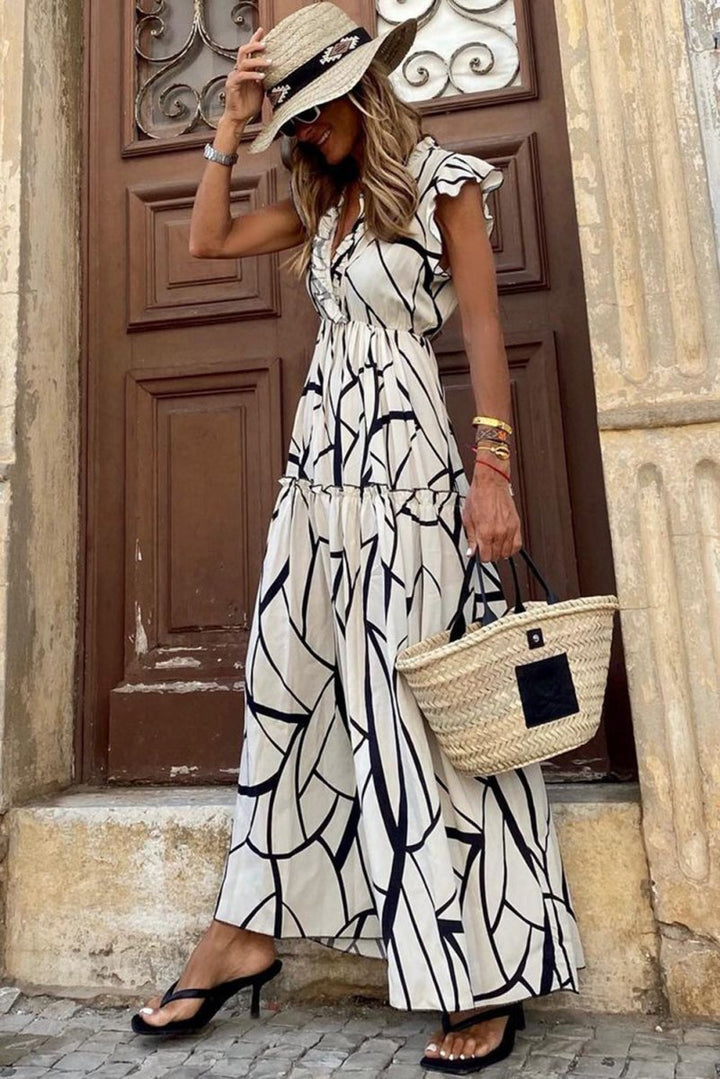 Minnie Abstract Vein Print V Neck Ruffle Maxi Dress - Rebel Nomad