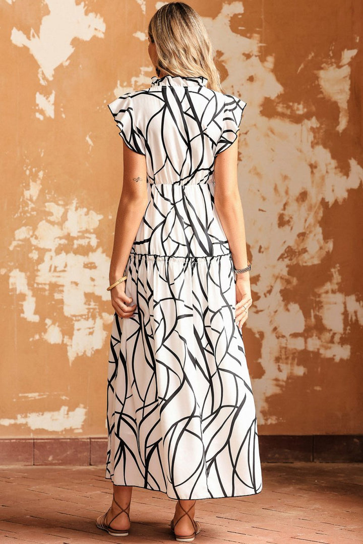 Minnie Abstract Vein Print V Neck Ruffle Maxi Dress - Rebel Nomad