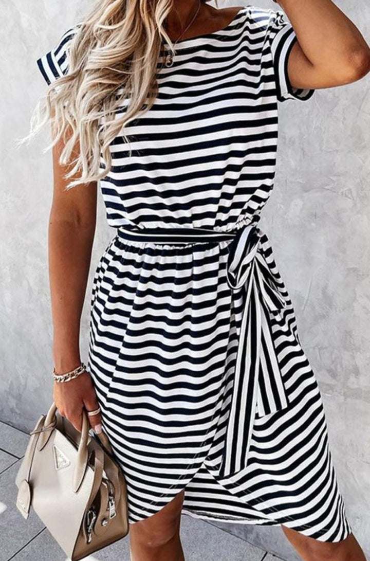 Mireya Stripe Short Sleeve Belted Wrapped Hemline T-Shirt Dress - Rebel Nomad