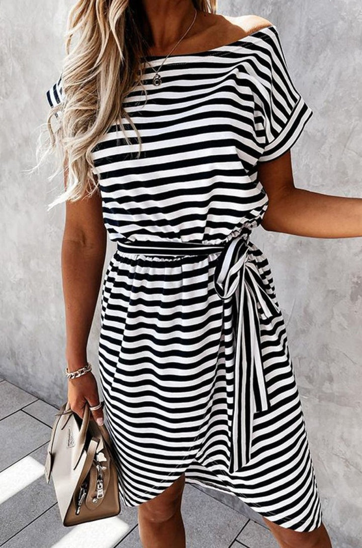 Mireya Stripe Short Sleeve Belted Wrapped Hemline T-Shirt Dress - Rebel Nomad