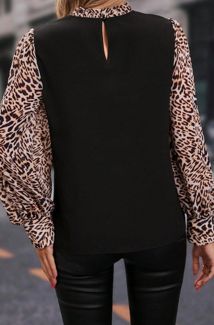 Mirfak Contrast Leopard Print Lantern Sleeve Blouse - Rebel Nomad