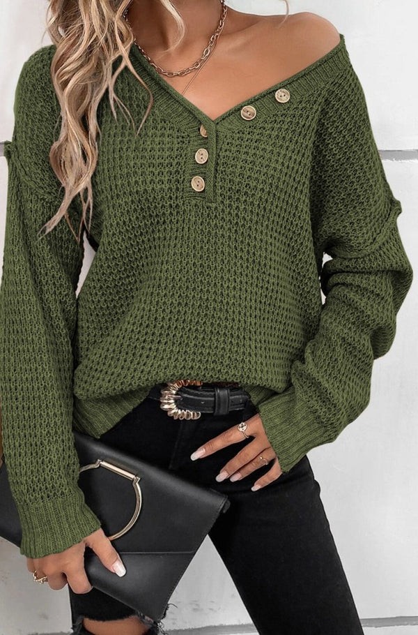 Mittie Pointelle Knit Button V Neck Drop Shoulder Sweater - Rebel Nomad