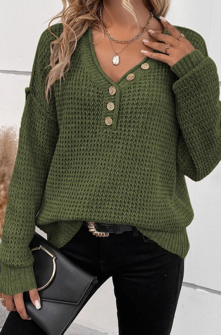 Mittie Pointelle Knit Button V Neck Drop Shoulder Sweater - Rebel Nomad