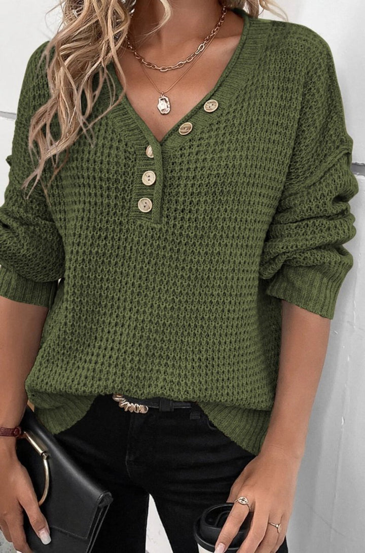 Mittie Pointelle Knit Button V Neck Drop Shoulder Sweater - Rebel Nomad