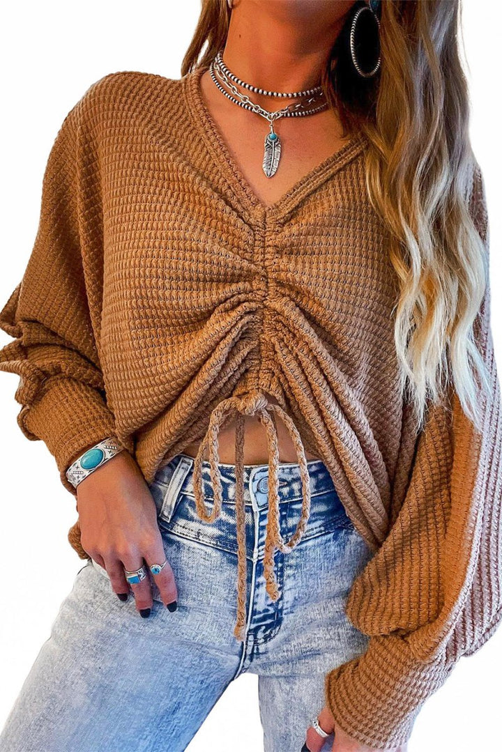 Monroe V-Neck Drawstring Dolman Sleeve Waffle Knit Top - Rebel Nomad