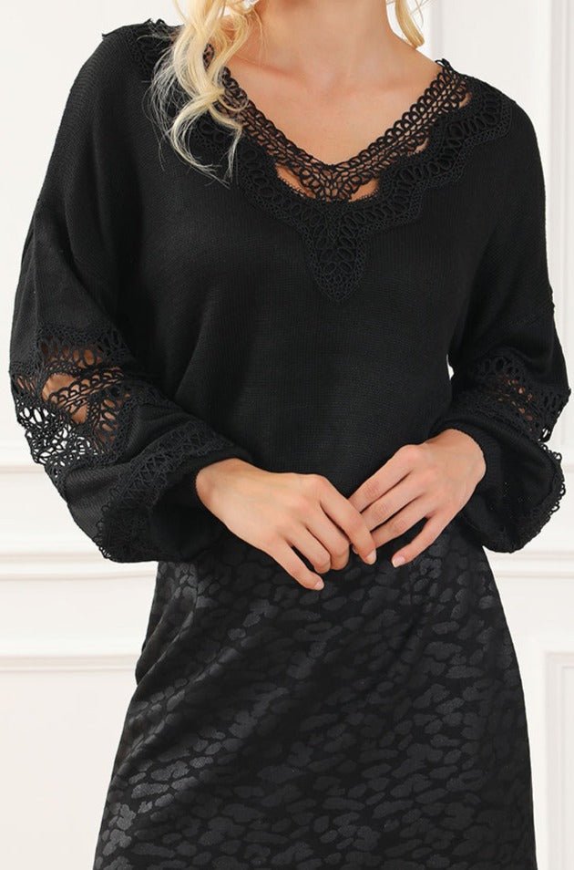 Monserrate Hollowed Lace Splicing V Neck Loose Sweater - Rebel Nomad