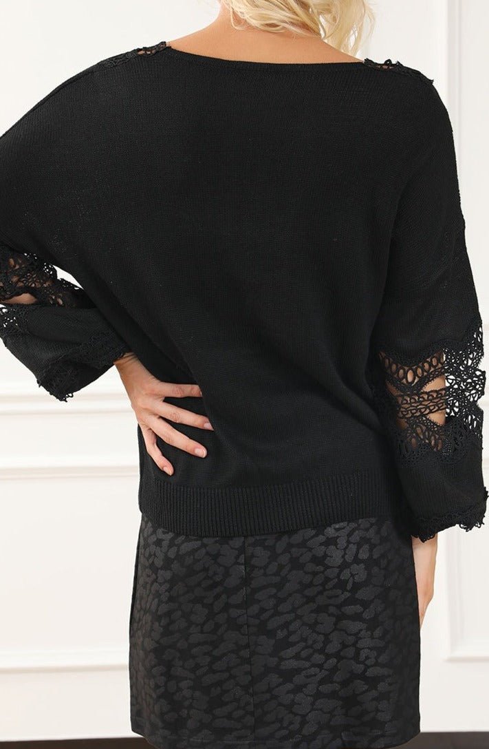 Monserrate Hollowed Lace Splicing V Neck Loose Sweater - Rebel Nomad