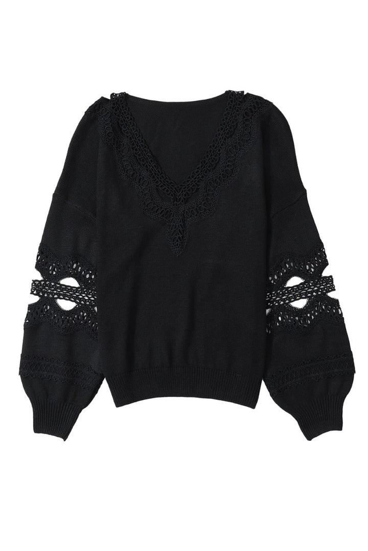 Monserrate Hollowed Lace Splicing V Neck Loose Sweater - Rebel Nomad