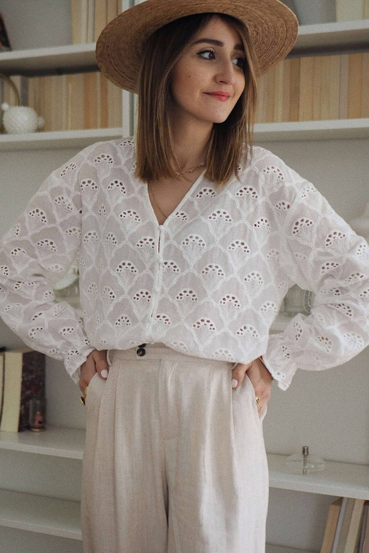 Moriah Fanshaped Lace Hollow out Split Neck Puff Sleeve Blouse - Rebel Nomad