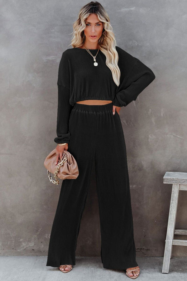 Mui Corded Cropped Pullover and Wide Leg Pants Set - Rebel Nomad