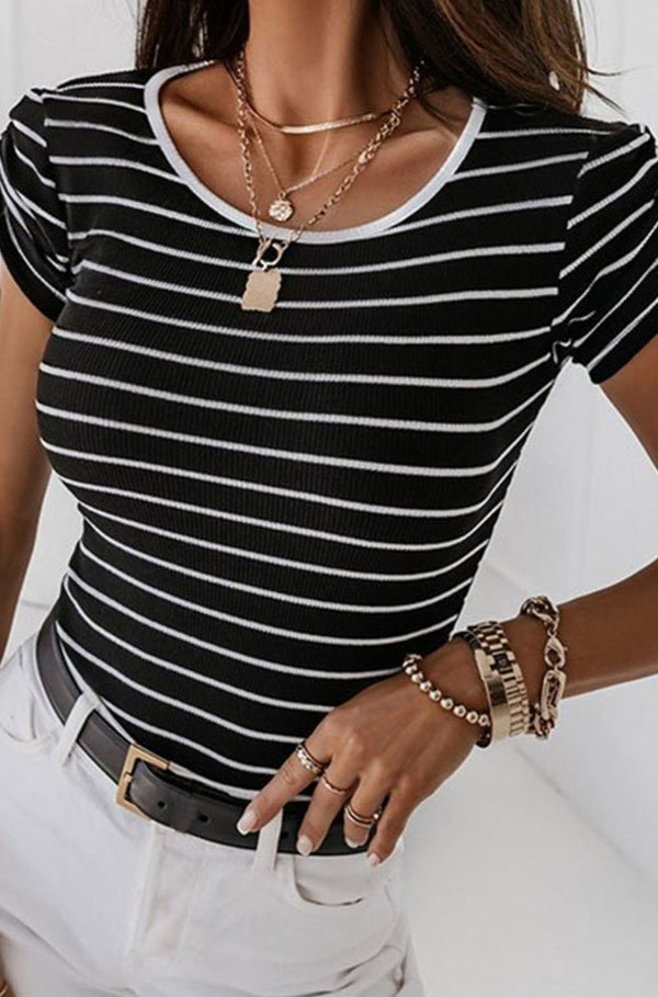 Myllaera Striped Drawstring Sleeve Contrast Neckline T Shirt - Rebel Nomad