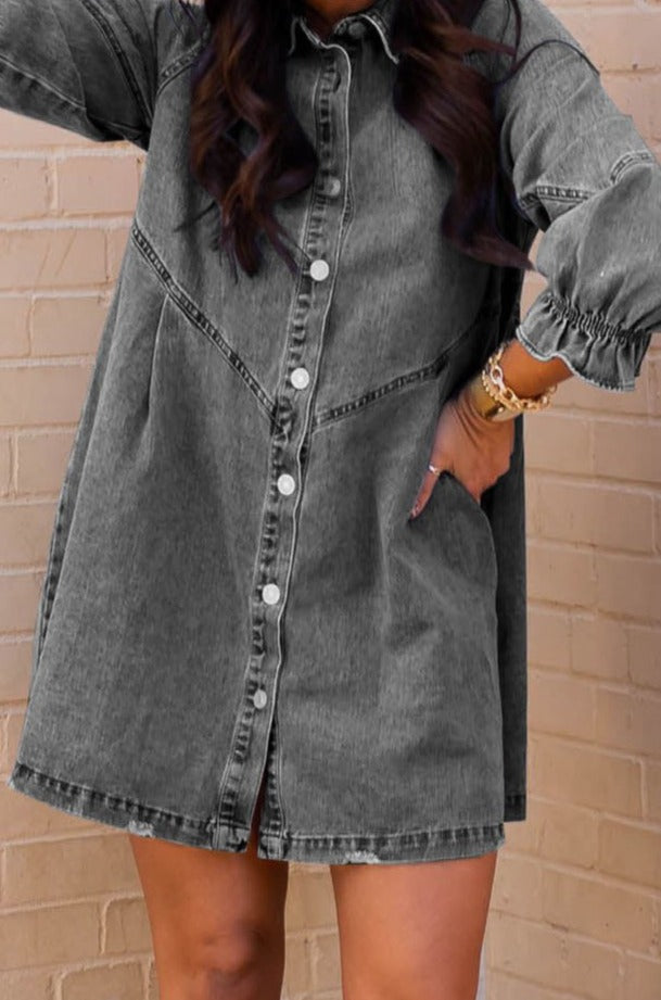 Myrtie Buttoned Long Sleeve Denim Mini Dress - Rebel Nomad