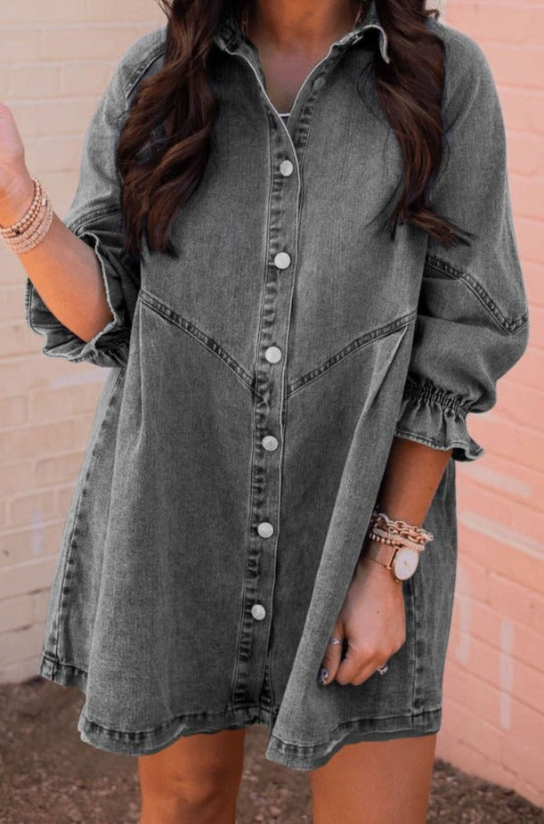 Myrtie Buttoned Long Sleeve Denim Mini Dress - Rebel Nomad