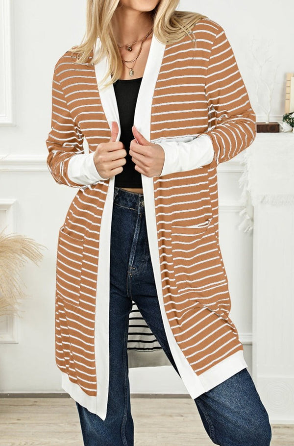 Nancey Striped Side Pockets Open Front Cardigan - Rebel Nomad