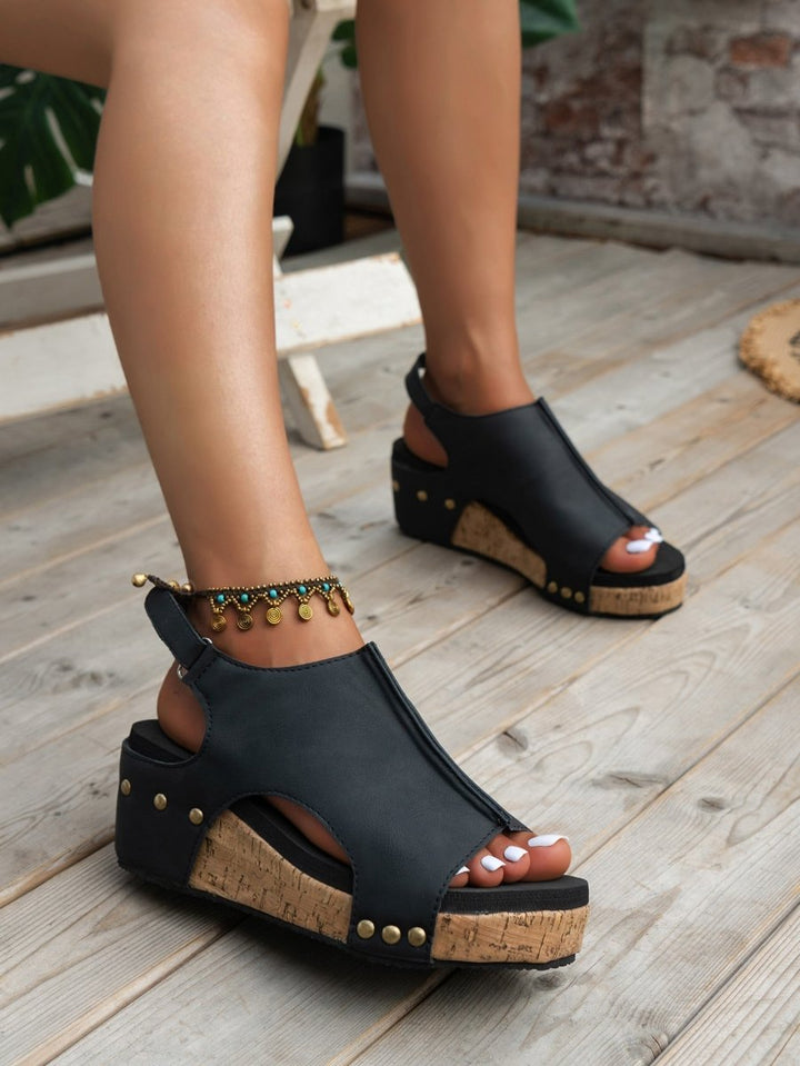 Nectar Vintage Leather Stitching Studded Wedge Sandals - Rebel Nomad