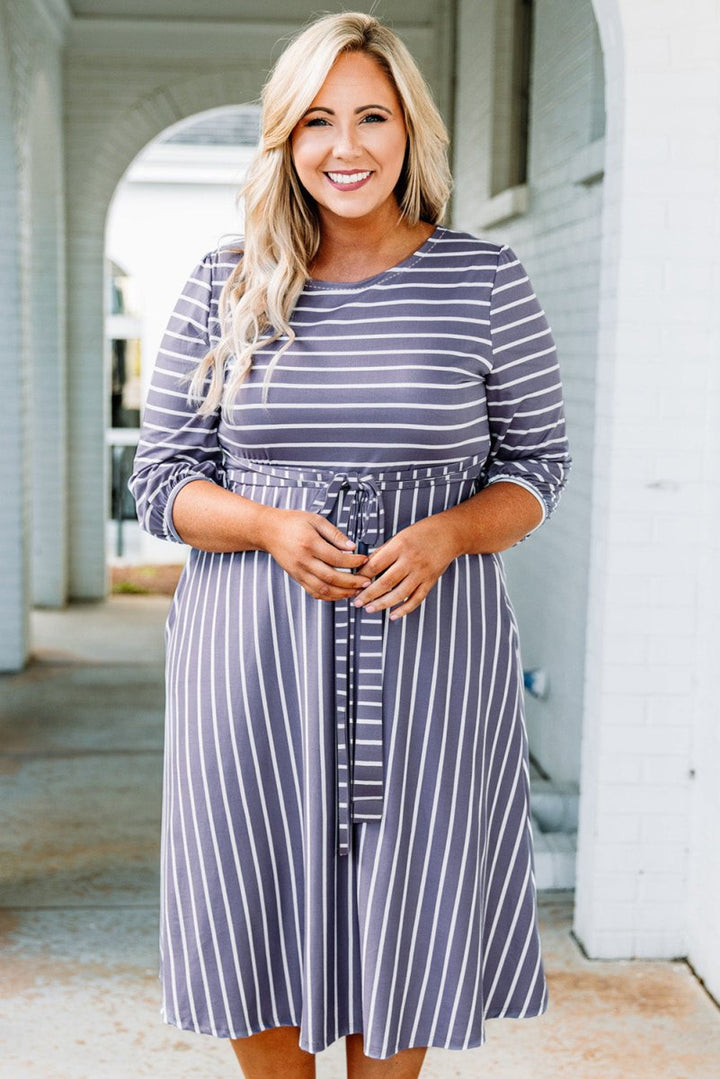 Nicki Plus-Size Striped Tie Waist 3/4 Sleeve Dress - Rebel Nomad