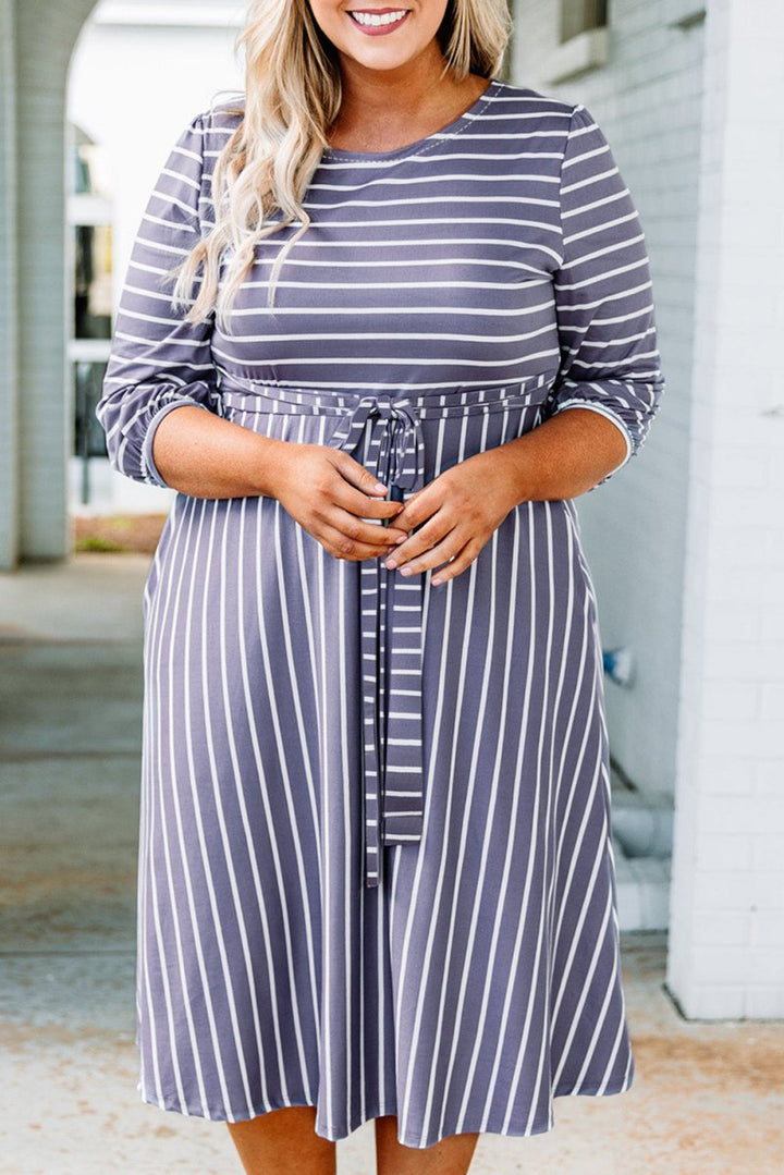 Nicki Plus-Size Striped Tie Waist 3/4 Sleeve Dress - Rebel Nomad