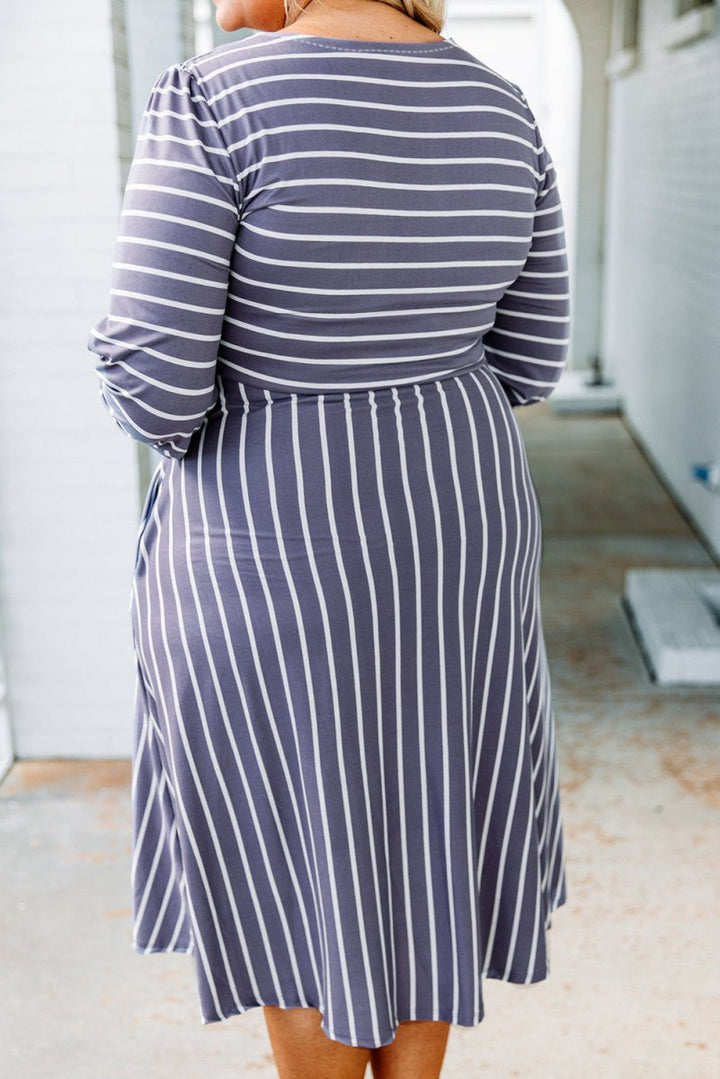 Nicki Plus-Size Striped Tie Waist 3/4 Sleeve Dress - Rebel Nomad