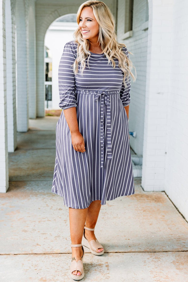 Nicki Plus-Size Striped Tie Waist 3/4 Sleeve Dress - Rebel Nomad