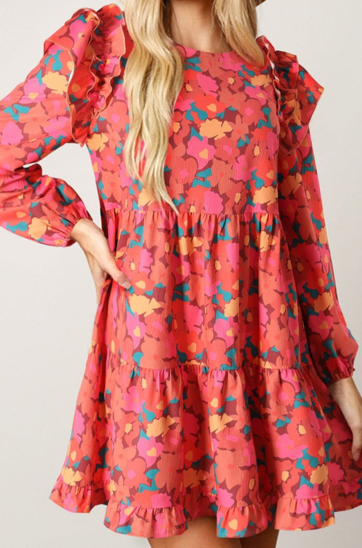 Nickie Ruffle Shoulder Long Sleeve Floral Mini Dress - Rebel Nomad