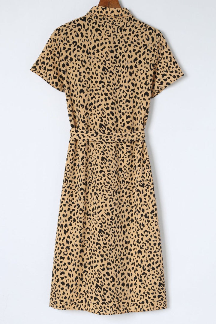 Nicole Leopard Turn-Down Collar Slit Midi Dress - Rebel Nomad