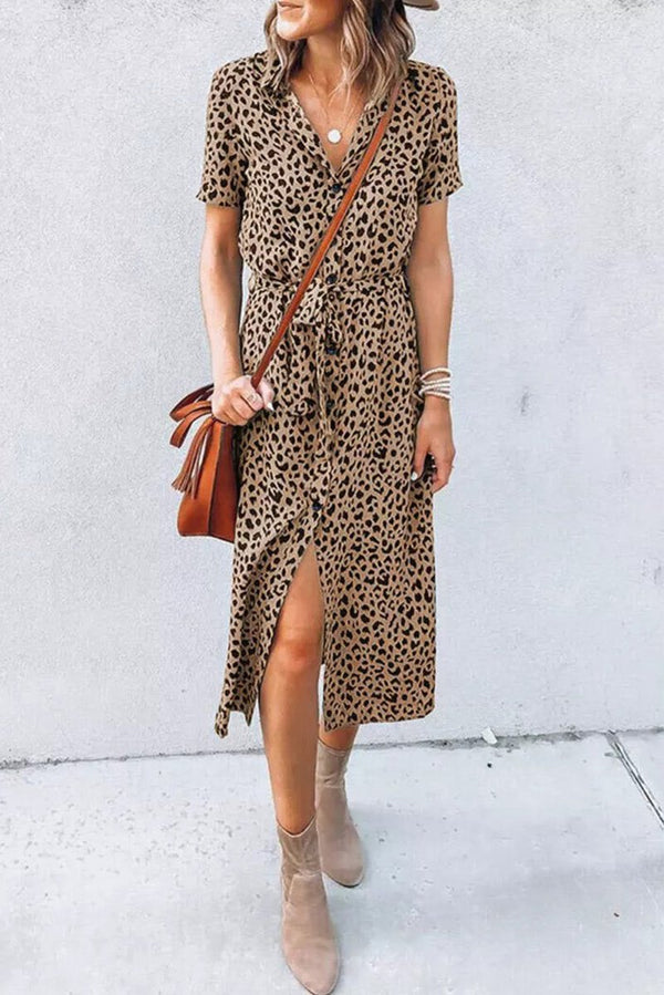 Nicole Leopard Turn-Down Collar Slit Midi Dress - Rebel Nomad