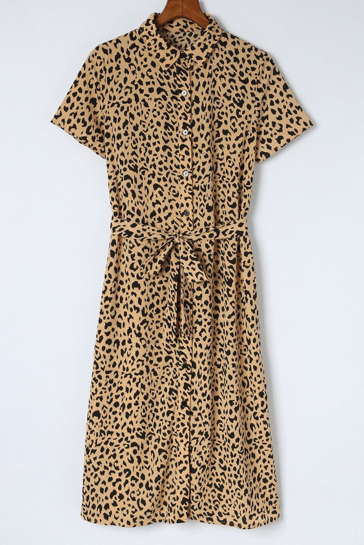 Nicole Leopard Turn-Down Collar Slit Midi Dress - Rebel Nomad