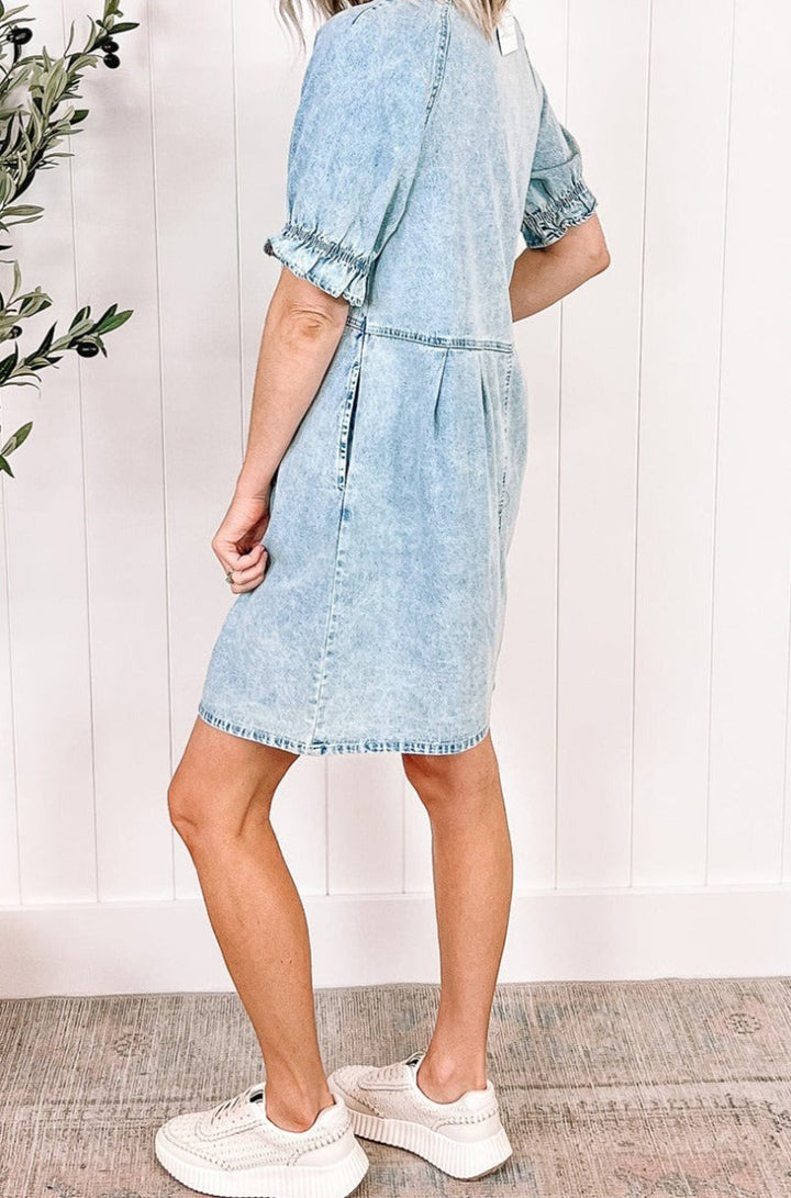 Nilsa Mineral Wash Ruffled Short Sleeve Buttoned Denim Dress - Rebel Nomad