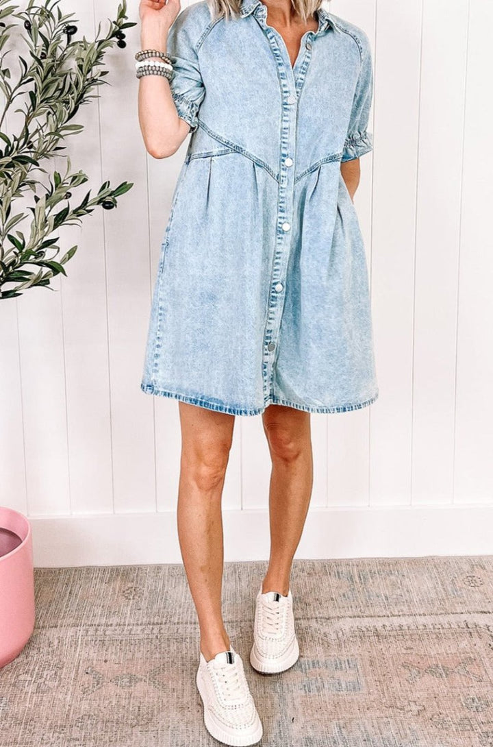 Nilsa Mineral Wash Ruffled Short Sleeve Buttoned Denim Dress - Rebel Nomad