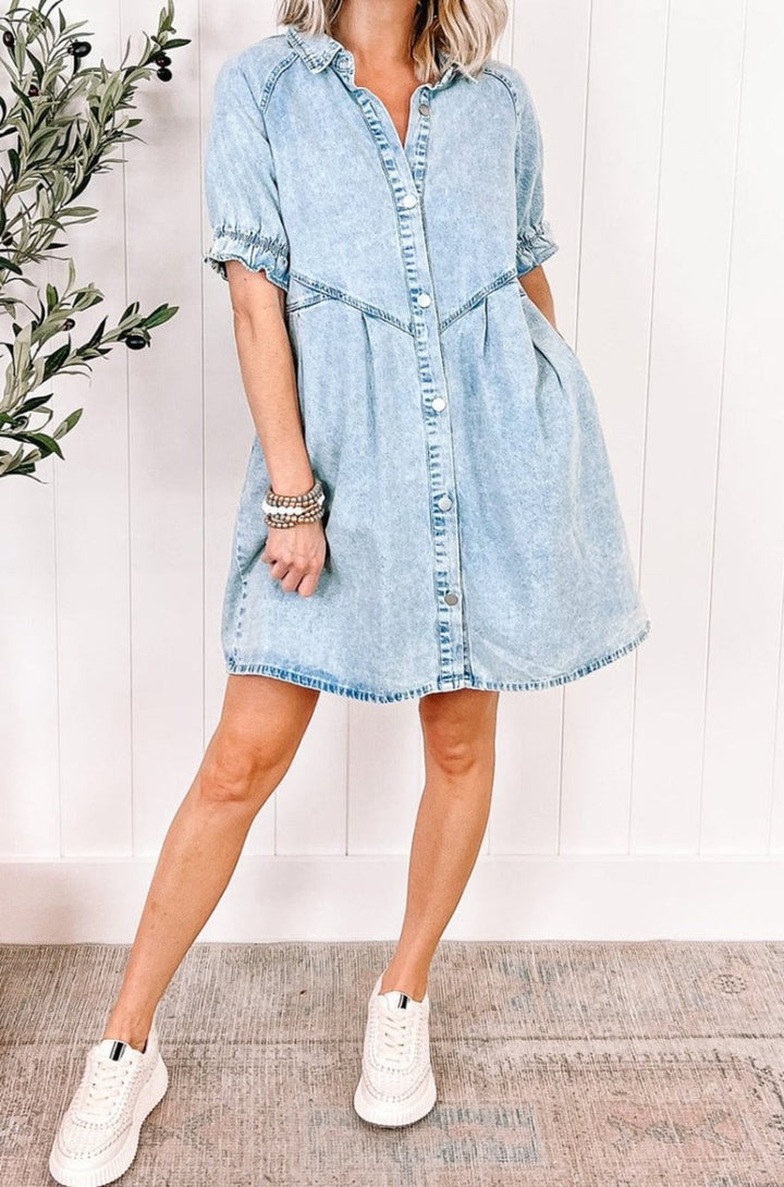 Nilsa Mineral Wash Ruffled Short Sleeve Buttoned Denim Dress - Rebel Nomad