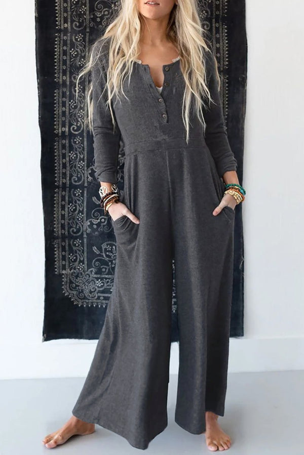 Noa Button Long Sleeve Wide Leg Jumpsuit - Rebel Nomad