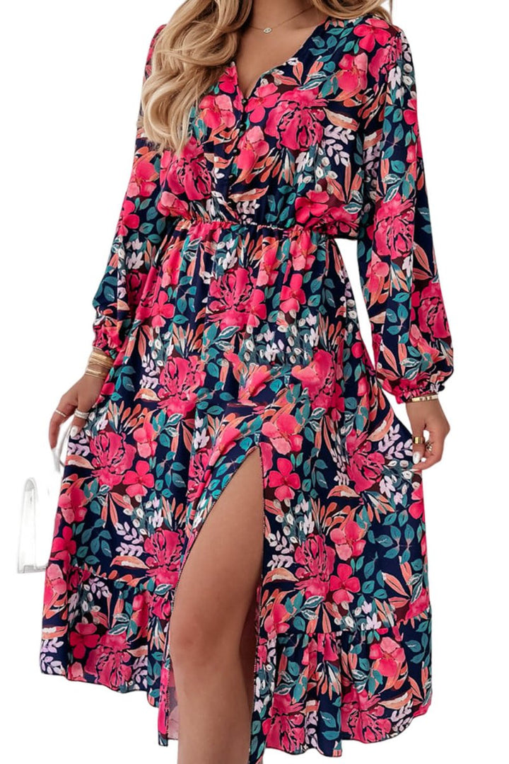 Nora V Neck Elastic High Waist Split Floral Dress - Rebel Nomad