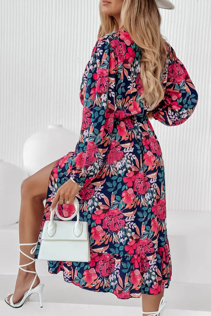 Nora V Neck Elastic High Waist Split Floral Dress - Rebel Nomad