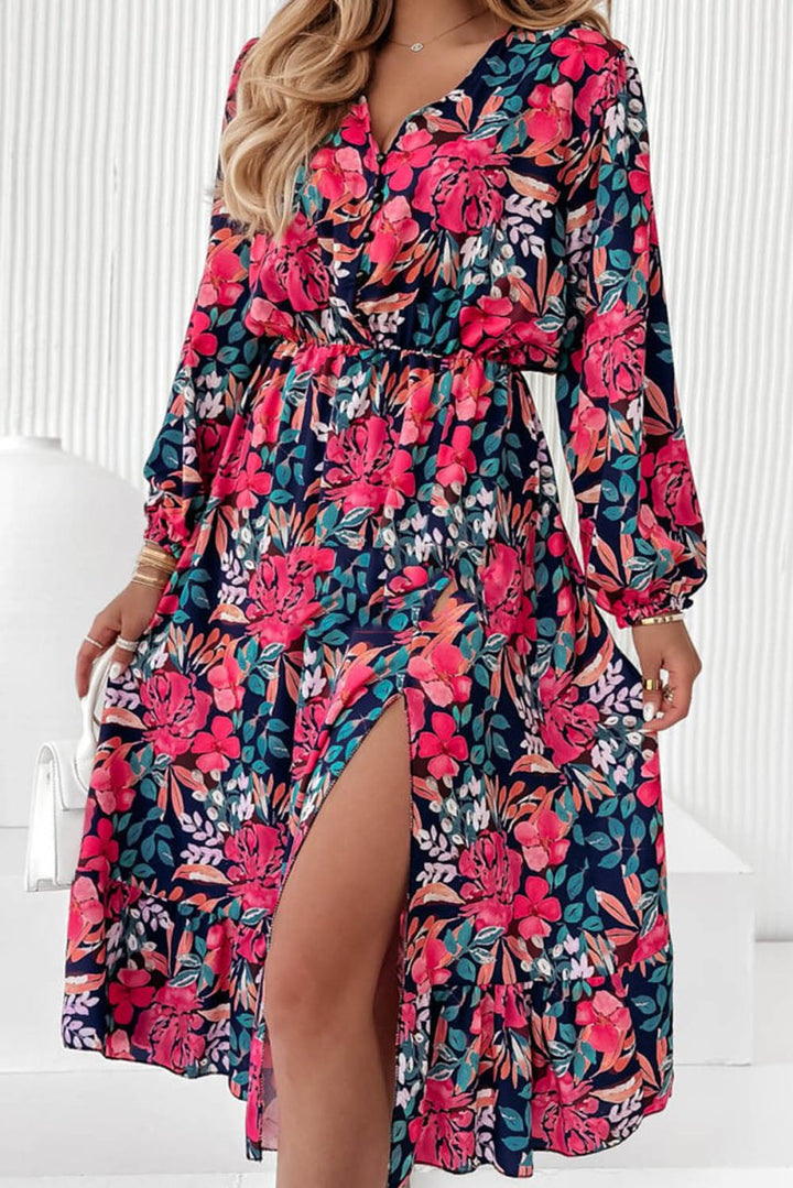 Nora V Neck Elastic High Waist Split Floral Dress - Rebel Nomad