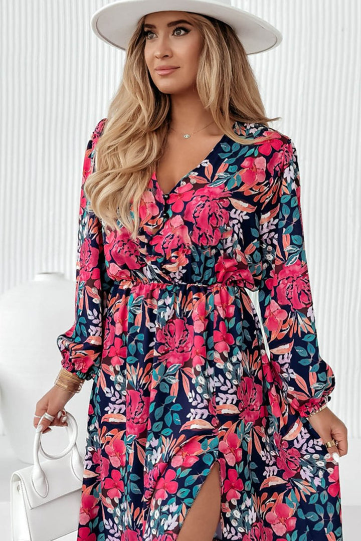 Nora V Neck Elastic High Waist Split Floral Dress - Rebel Nomad