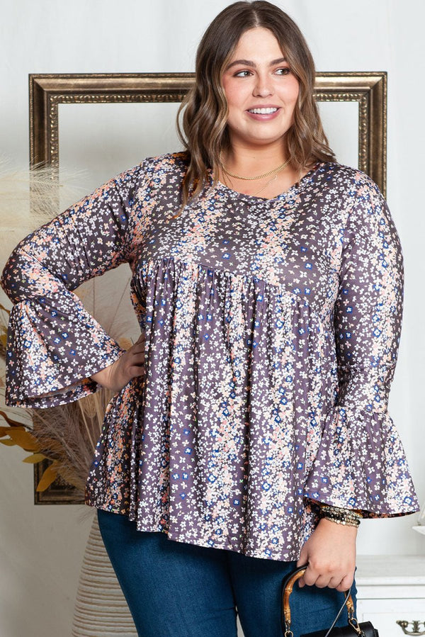 Nylah Plus-Size Floral Print Round Neck Babydoll Blouse - Rebel Nomad