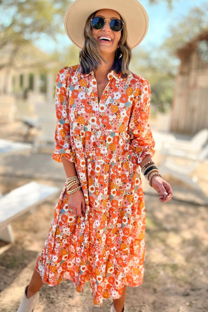 Ocealia Boho Floral Collared Long Sleeve Ruffled Dress - Rebel Nomad